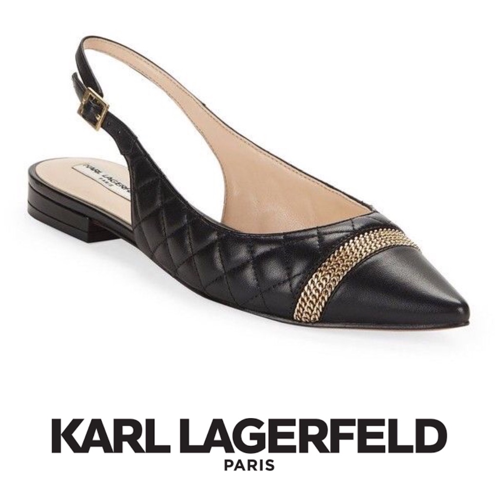 Karl Lagerfeld Black Quilted Leather Slingback Flat With Gold Chain